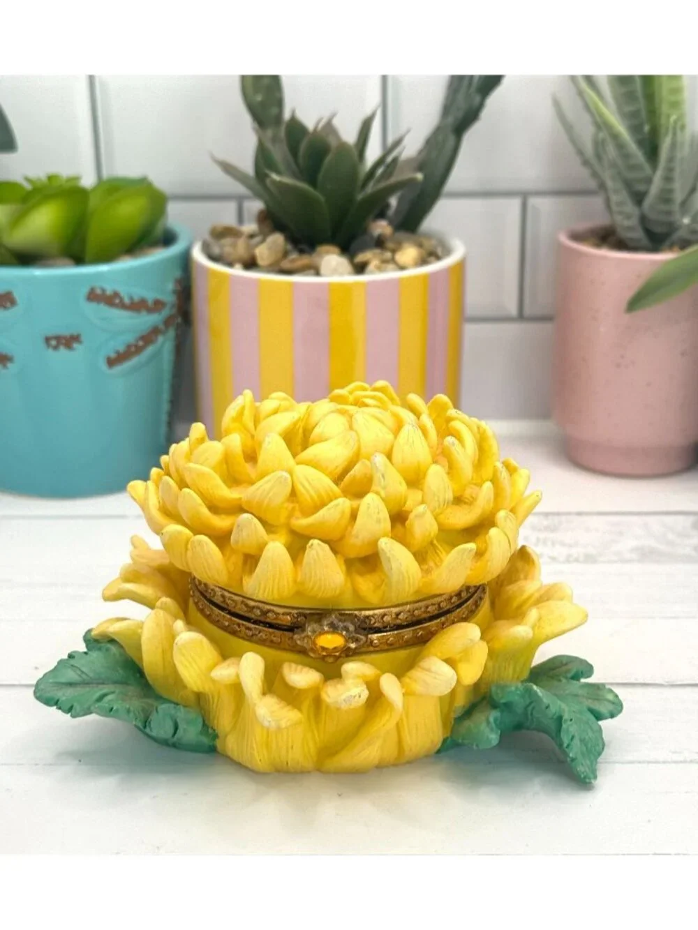 Yellow Chrysanthemum Trinket Box With Hinged Lid & Gold Accents
